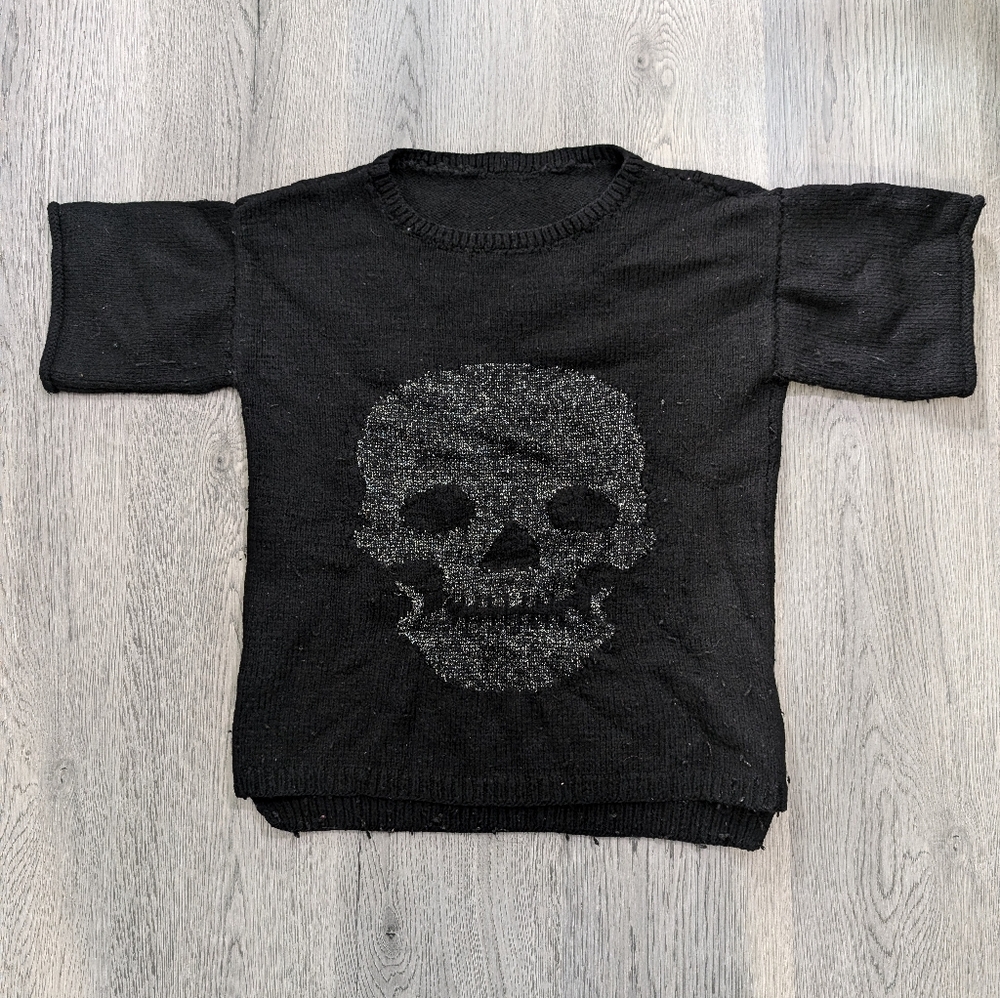 Y2K Goth Black Silver Sparkle Skull Knit Sweater Top Bell Sleeve M